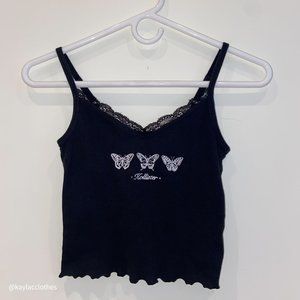 Hollister Black Butterfly Tank with Lace Trim